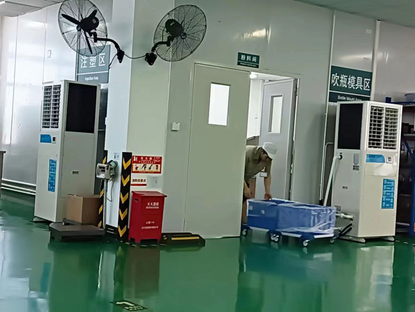 注塑廠整體降溫，安裝應用星科蒸發冷省電空調-5p工業立式軸流空調機組